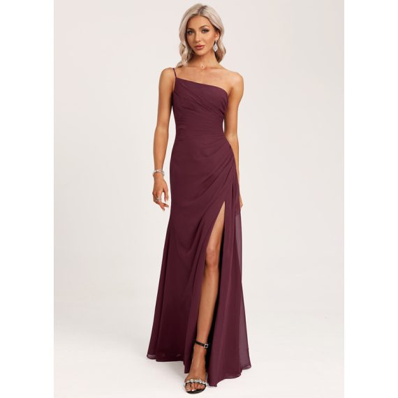 A-Line One-Shoulder Floor-Length Chiffon Bridesmaid Dress With Ruffle