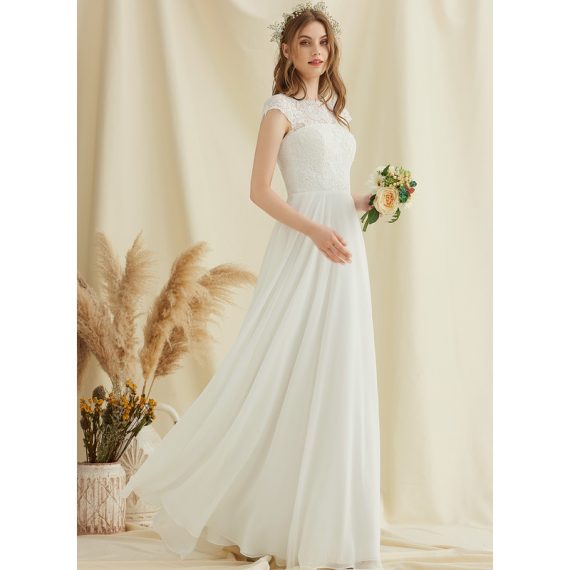 A-Line Scoop Floor-Length Chiffon Lace Wedding Dress