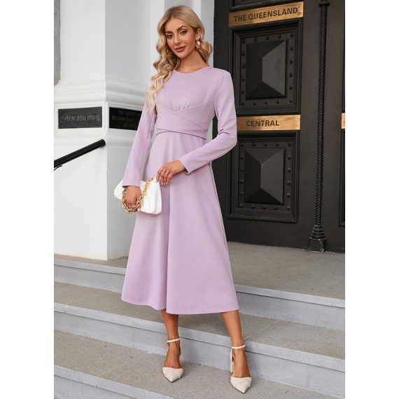 Round Neck Long Sleeves Elegant A-line Cotton Blends Midi Dresses