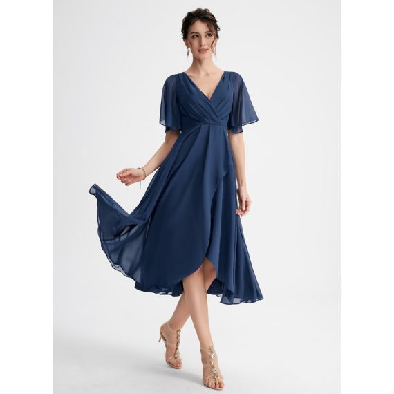 A-Line V-neck Asymmetrical Chiffon Cocktail Dress With Ruffle