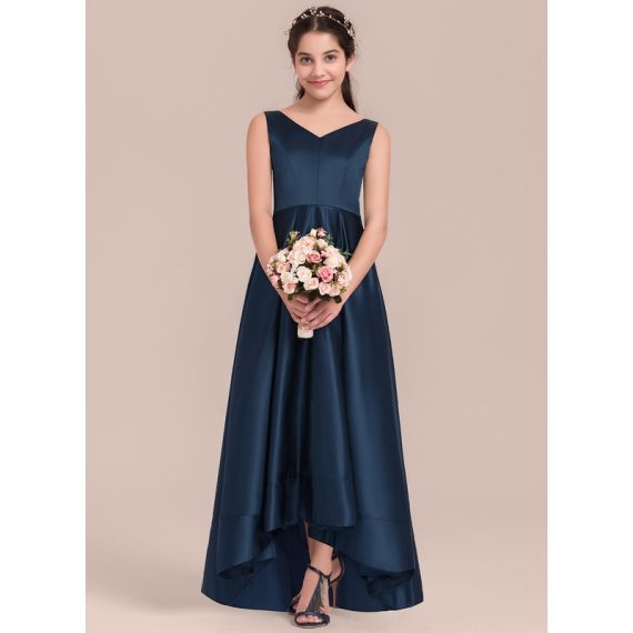 A-line V-Neck Asymmetrical Satin Junior Bridesmaid Dress