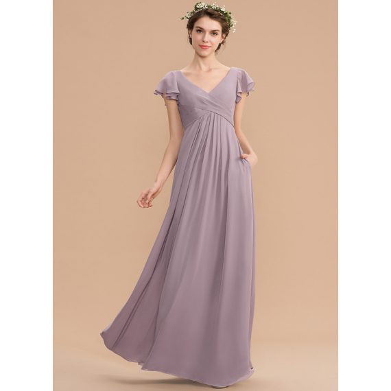A-Line V-neck Floor-Length Chiffon Bridesmaid Dress With Cascading Ruffles Pockets