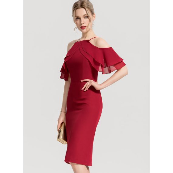 Bodycon Square Knee-Length Chiffon Cocktail Dress With Cascading Ruffles