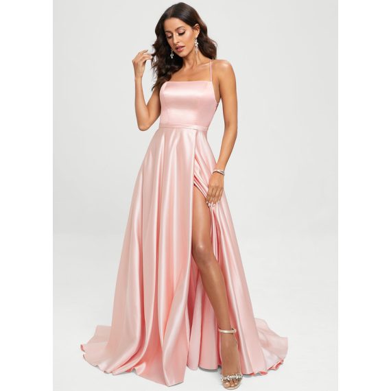A-line Square Sweep Train Satin Prom Dresses