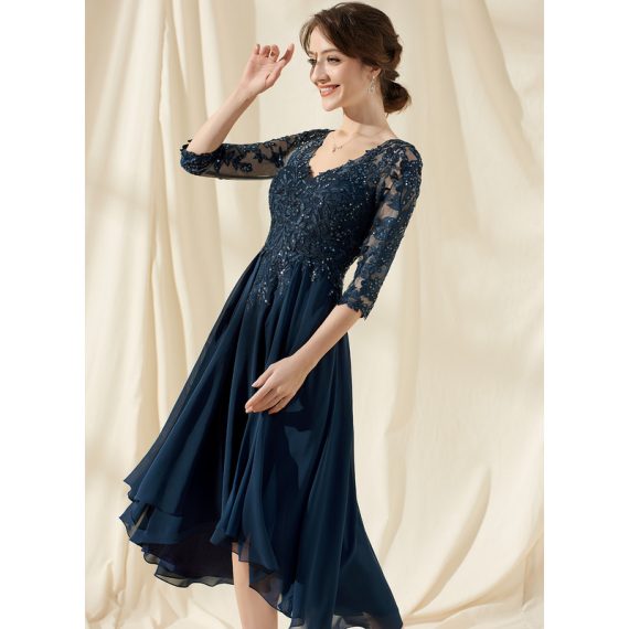 A-Line V-neck Asymmetrical Chiffon Lace Cocktail Dress With Sequins