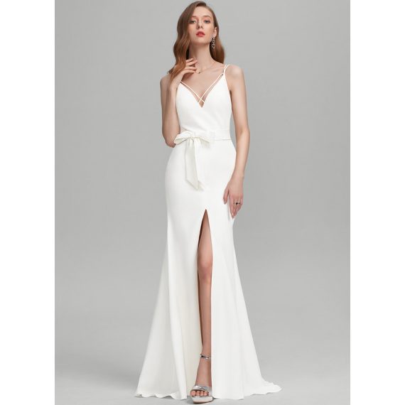Sheath/Column V-neck Sweep Train Stretch Crepe Wedding Dress With Bow(s) Split Front