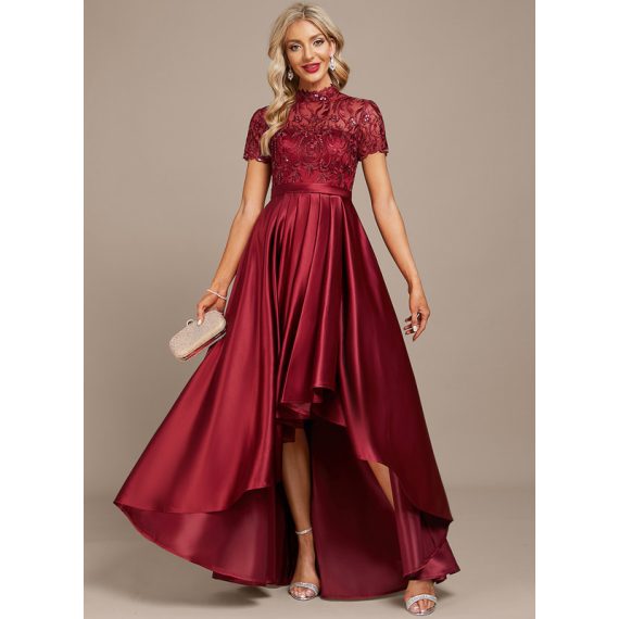 A-Line High Neck Illusion Asymmetrical Satin Lace Cocktail Dress With Sequins Pleated
