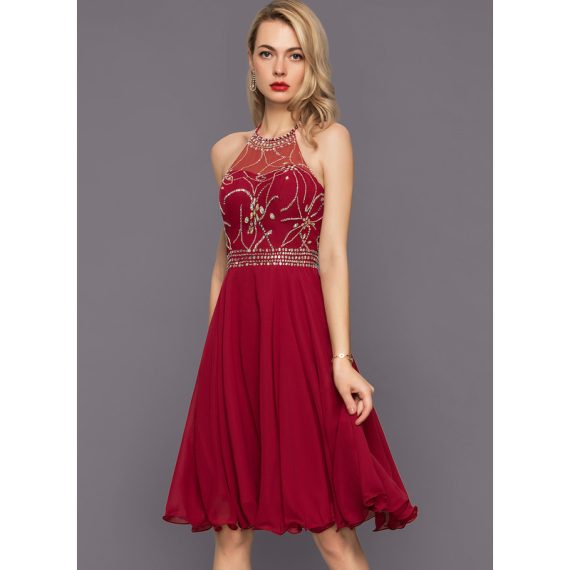 A-Line Halter Knee-Length Chiffon Cocktail Dress With Beading Sequins