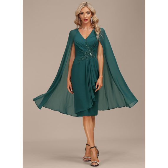 Sheath/Column V-neck Knee-Length Chiffon Cocktail Dress With Beading Sequins Cascading Ruffles