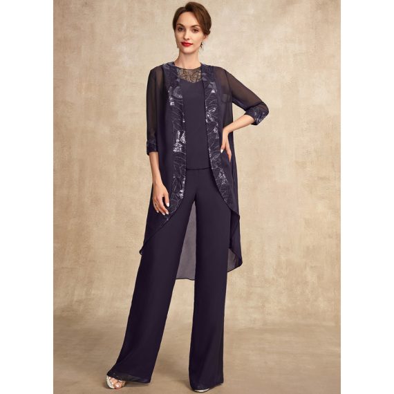 Jumpsuit/Pantsuit Scoop Floor-length Chiffon Lace Mother of the Bride Dress With Sequins