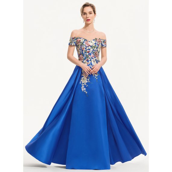 Sheath/Column Off-the-Shoulder Floor-Length Satin Lace Evening Dress