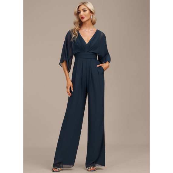 Jumpsuit/Pantsuit V-neck Floor-Length Chiffon Evening Dress With Pleated