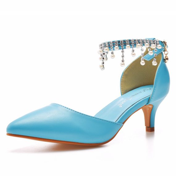 Women's Leather Low Heel Stiletto Heel Closed Toe With ankle strap Beaded Chain