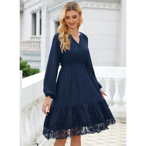 V-Neck Long Sleeves Elegant A-line Polyester Midi Dresses