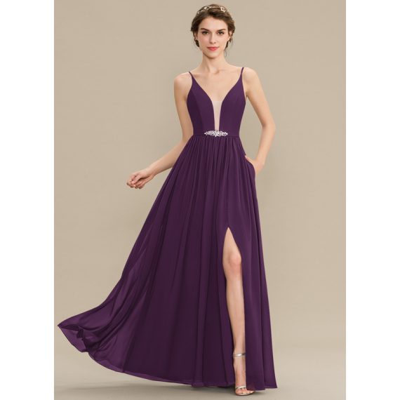 A-Line V-neck Floor-Length Chiffon Bridesmaid Dress With Beading Sequins Split Front Pockets