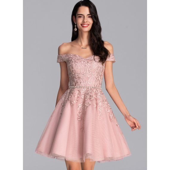 A-Line Off-the-Shoulder Short/Mini Tulle Homecoming Dress With Beading Sequins