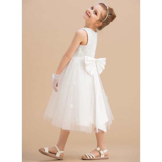 A-line Scoop Tea-Length Satin/Tulle Flower Girl Dress