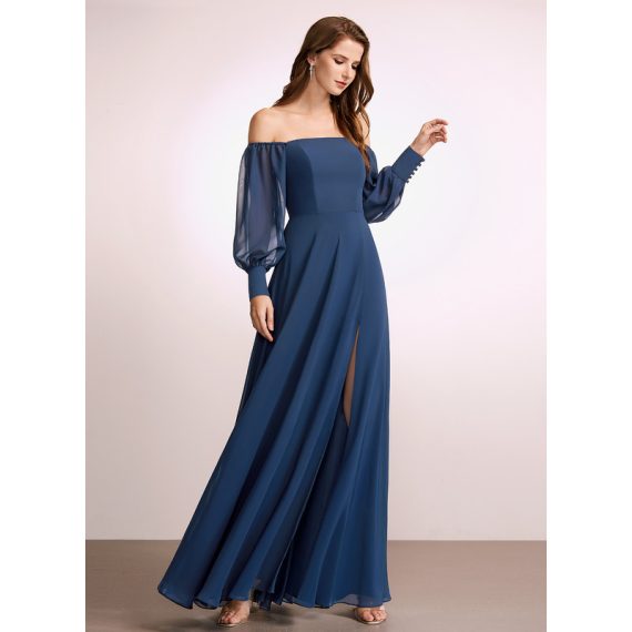 A-Line Off-the-Shoulder Floor-Length Chiffon Bridesmaid Dress With Split Front