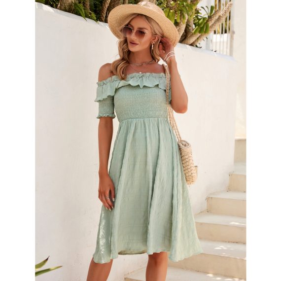 Off the Shoulder Short Sleeves Casual A-line Polyester Midi Dresses