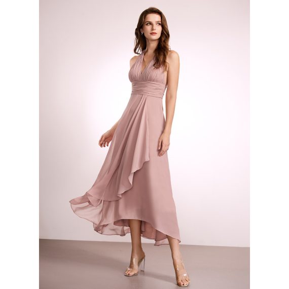 A-Line V-neck Asymmetrical Chiffon Bridesmaid Dress With Split Front