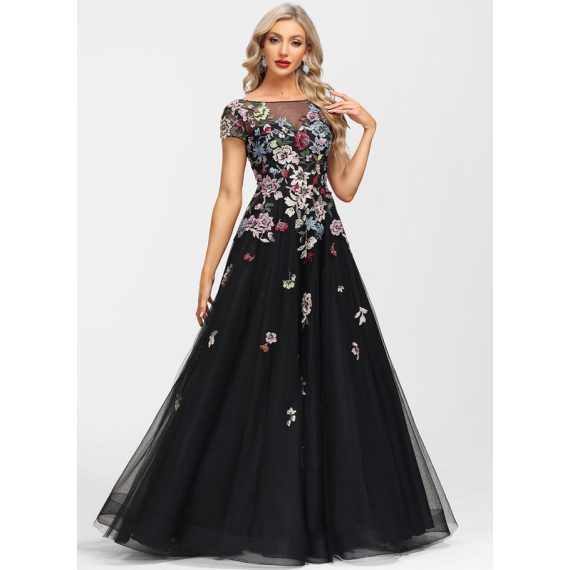 A-Line Boat Neck Illusion Floor-Length Tulle Lace Evening Dress