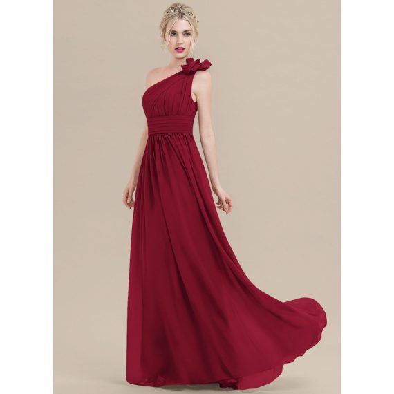 A-Line One-Shoulder Floor-Length Chiffon Evening Dress With Flower(s) Pleated