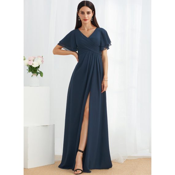 A-Line V-neck Floor-Length Chiffon Bridesmaid Dress With Split Front