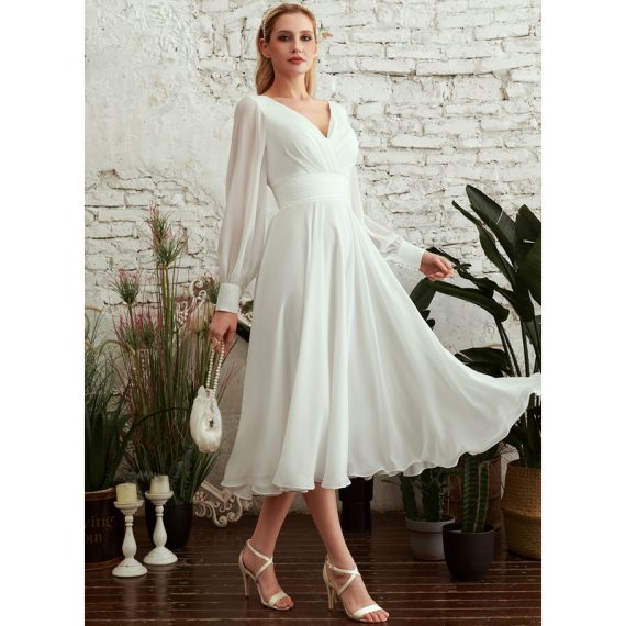A-line V-Neck Tea-Length Chiffon Wedding Dress