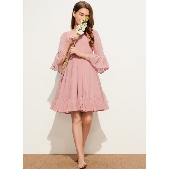 A-Line V-neck Knee-Length Chiffon Junior Bridesmaid Dress With Cascading Ruffles