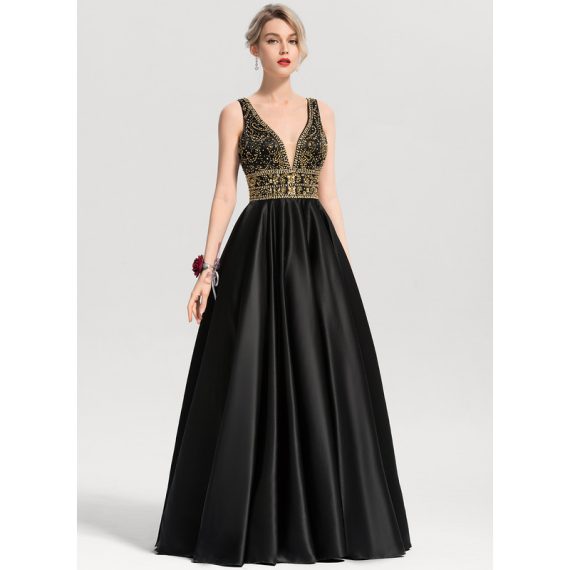Ball-Gown/Princess V-Neck Floor-Length Satin Prom Dresses With Beading Sequins