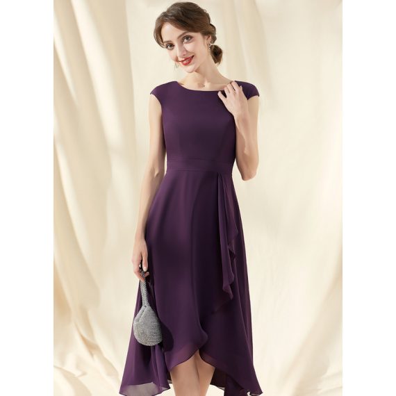 A-Line Scoop Neck Asymmetrical Chiffon Cocktail Dress With Bow(s) Cascading Ruffles
