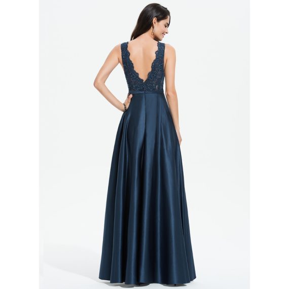 A-Line V-neck Floor-Length Satin Lace Prom Dresses With Sequins