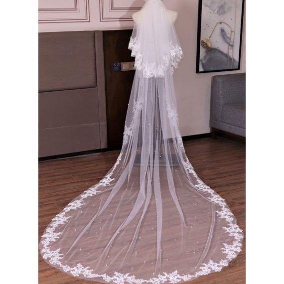 Two-tier Lace Applique Edge Cathedral Bridal Veils With Lace