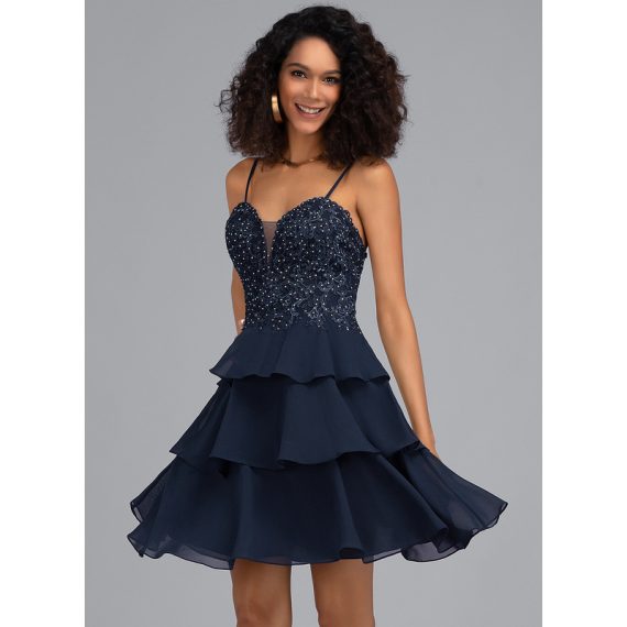 A-Line Sweetheart Short/Mini Chiffon Lace Homecoming Dress With Beading Sequins