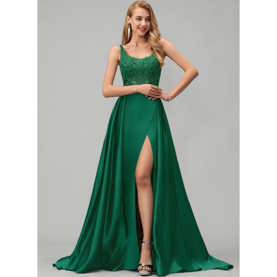 A-line Square Sweep Train Satin Prom Dresses With Sequins