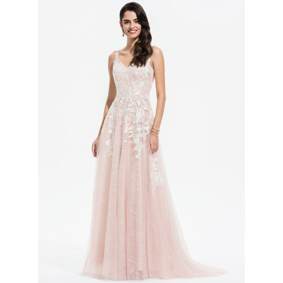 A-Line V-neck Sweep Train Tulle Wedding Dress With Lace