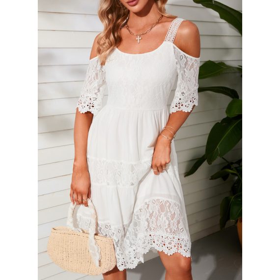 Round Neck 1/2 Sleeves Vacation A-line Organza Midi Dresses