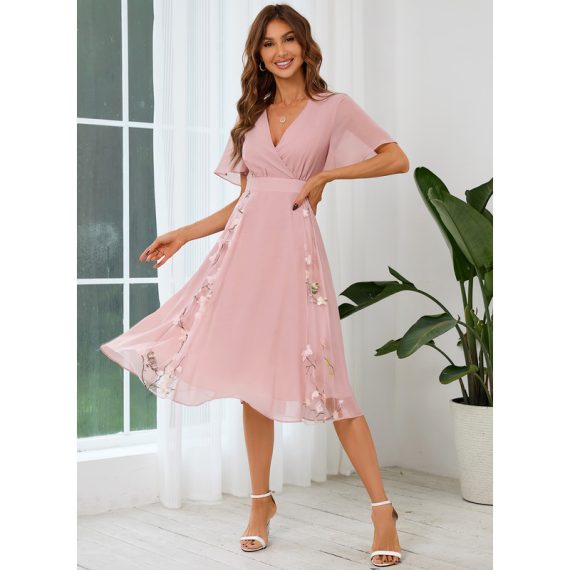 V-Neck Short Sleeves Elegant A-line Chiffon Midi Dresses