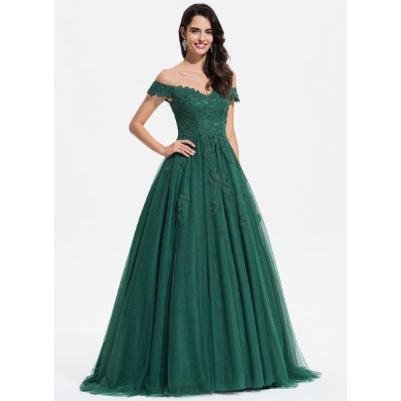 Ball-Gown/Princess V-neck Sweep Train Tulle Prom Dresses