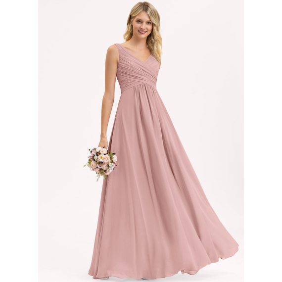 A-Line V-neck Floor-Length Chiffon Bridesmaid Dress With Pleated