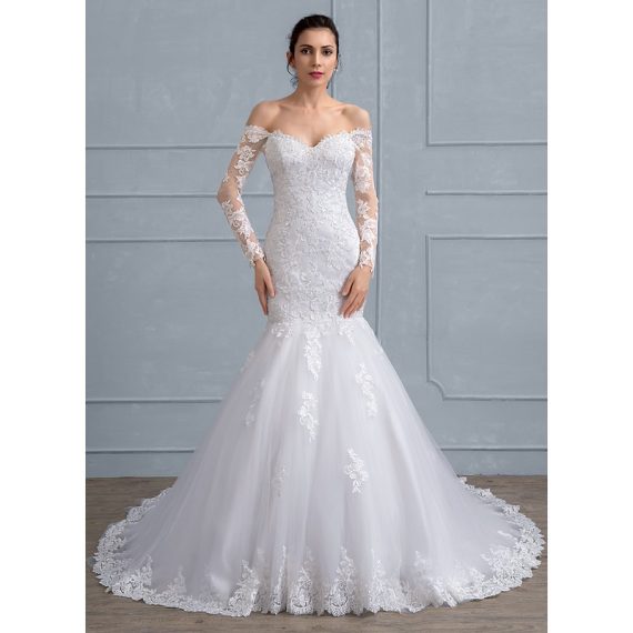 Trumpet/Mermaid Off-the-Shoulder Court Train Tulle Lace Wedding Dress With Beading Sequins