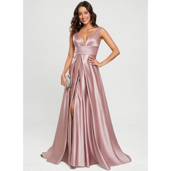 A-line V-Neck Sweep Train Satin Prom Dresses