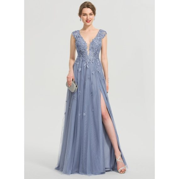 A-Line V-neck Floor-Length Tulle Lace Evening Dress With Sequins