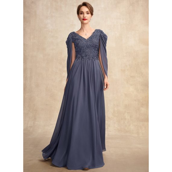 A-line V-Neck Floor-length Chiffon Lace Mother of the Bride Dress With Beading Sequins