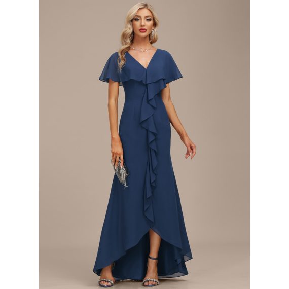 Sheath/Column V-neck Asymmetrical Chiffon Evening Dress With Cascading Ruffles