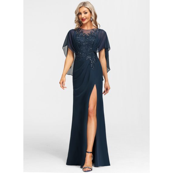 Sheath/Column Scoop Illusion Floor-Length Chiffon Lace Evening Dress With Sequins Pleated