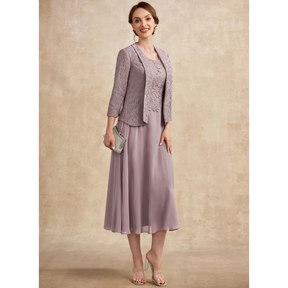 A-Line Scoop Tea-Length Chiffon Lace Mother of the Bride Dress