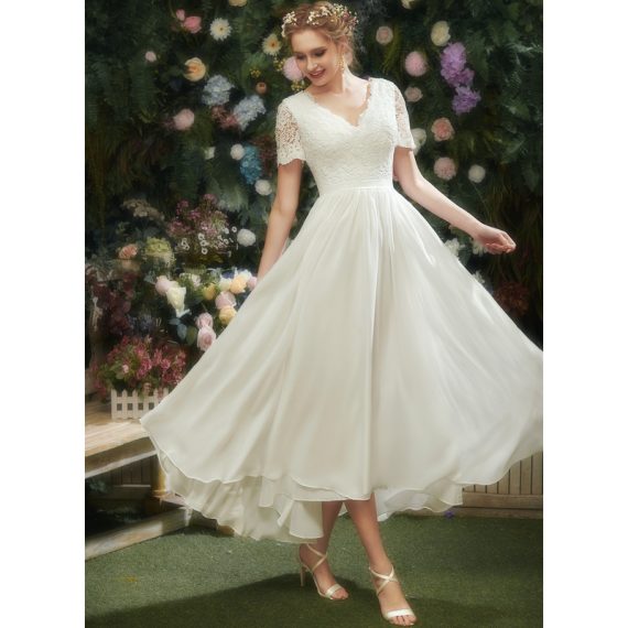A-line V-Neck Asymmetrical Chiffon Lace Wedding Dress
