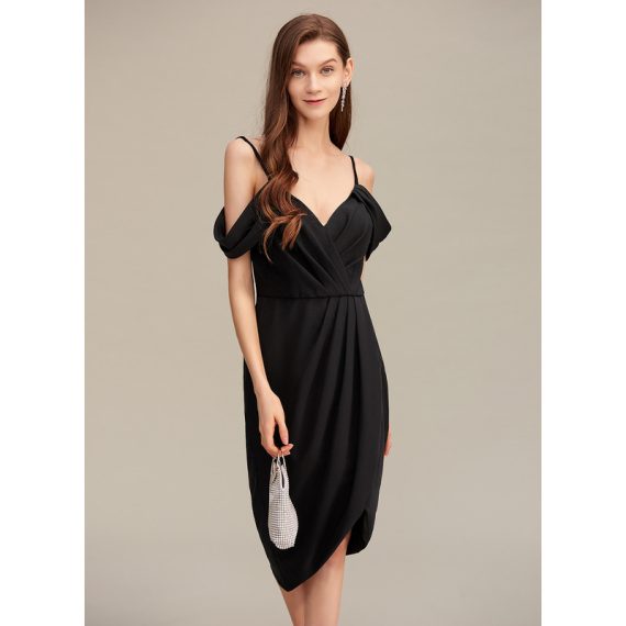 V-Neck Sleeveless Sexy Bodycon Stretch Crepe Asymmetrical Dresses