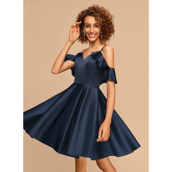 A-Line V-neck Short/Mini Satin Homecoming Dress With Cascading Ruffles